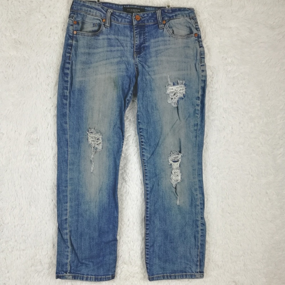 Liverpool Jeans Womens Capri Denim Blue Ripped Patched Light Wash Mid Rise 6